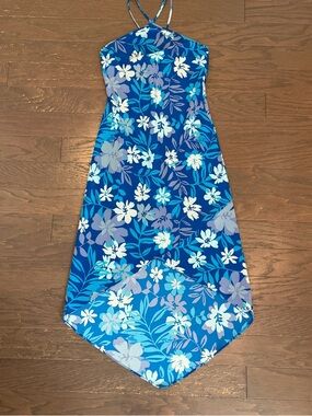 Express Blue Floral Halter Handkerchief Hem Maxi Dress Tropical Y2K Womens 1/2